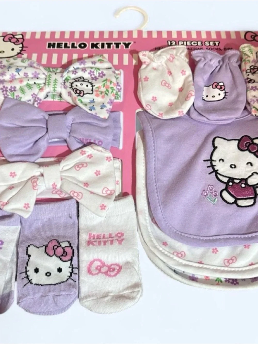 NWT Hello Kitty Lavender & White Baby Sock, Bib and Bow Accessory Set